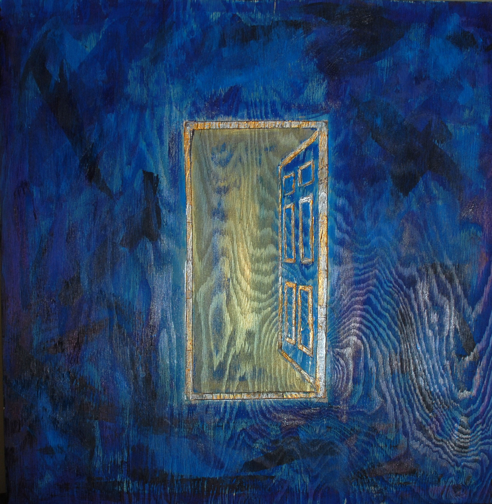 blue door with figure